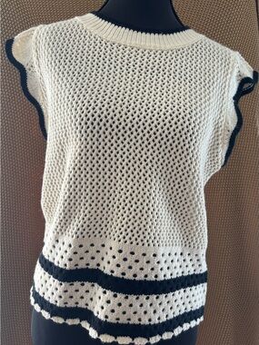 Gilli Ivory Open-Knit Sleeveless Shell with Black Trim